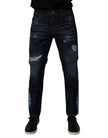 Dolce & Gabbana Dark Blue Cotton Tattered Skinny Denim Jeans