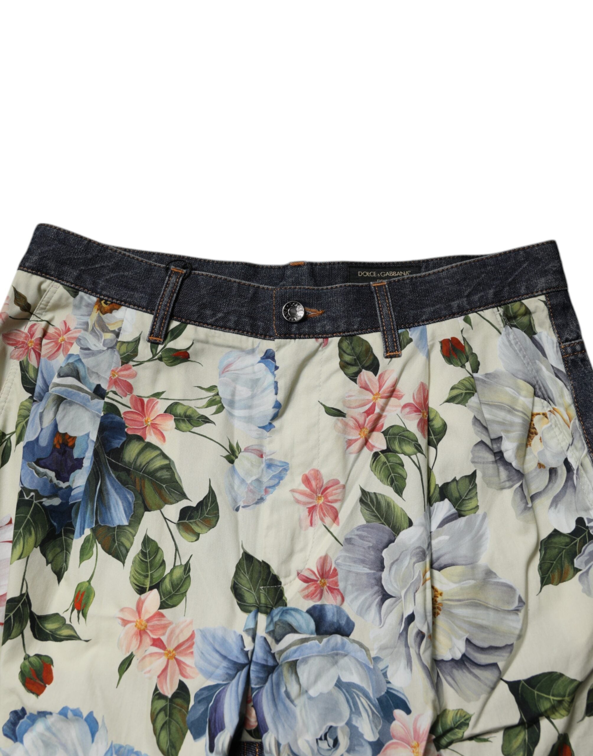 Dolce & Gabbana Beige Blue Floral Cotton Men Denim Jeans
