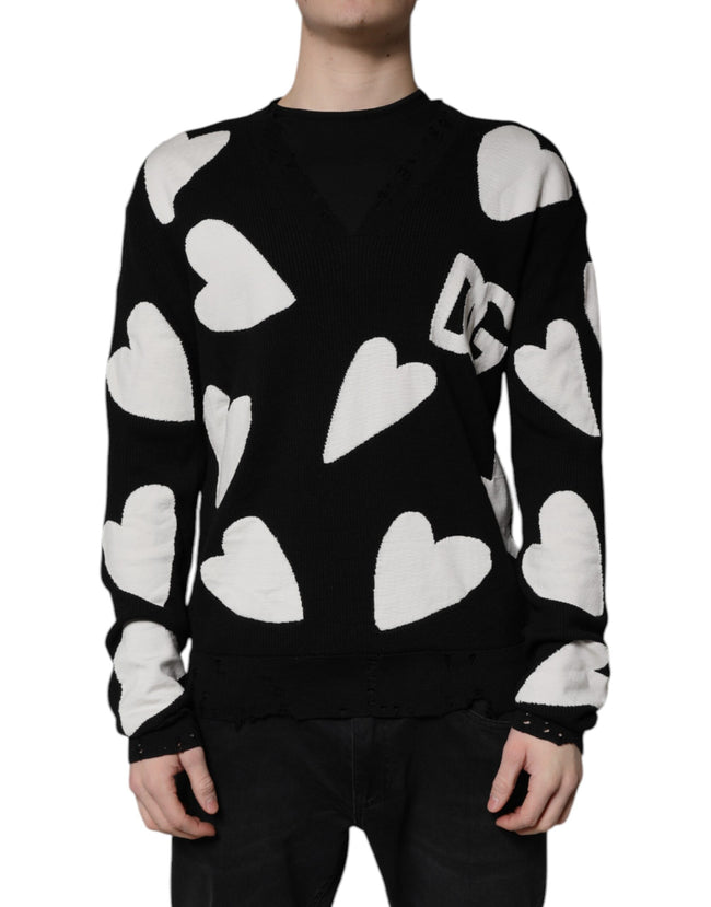 Dolce & Gabbana Black Hearts Silk Crew Neck Pullover Sweater