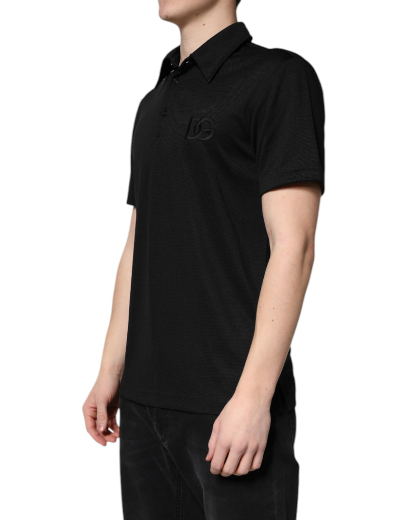 Dolce & Gabbana Black Polyester DG Logo Collared Polo T-shirt