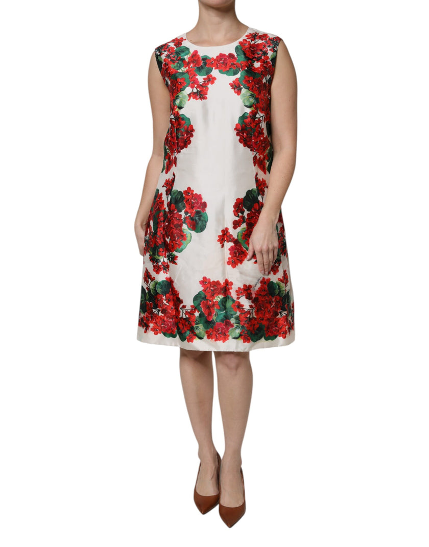 Dolce & Gabbana White Floral Printed Silk Knee Length Dress