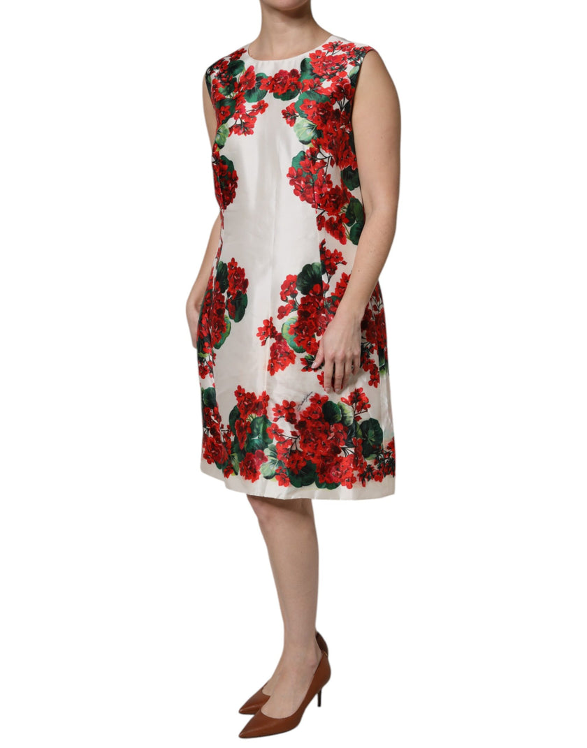 Dolce & Gabbana White Floral Printed Silk Knee Length Dress