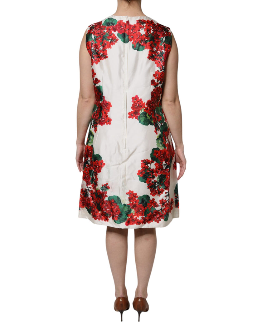 Dolce & Gabbana White Floral Printed Silk Knee Length Dress