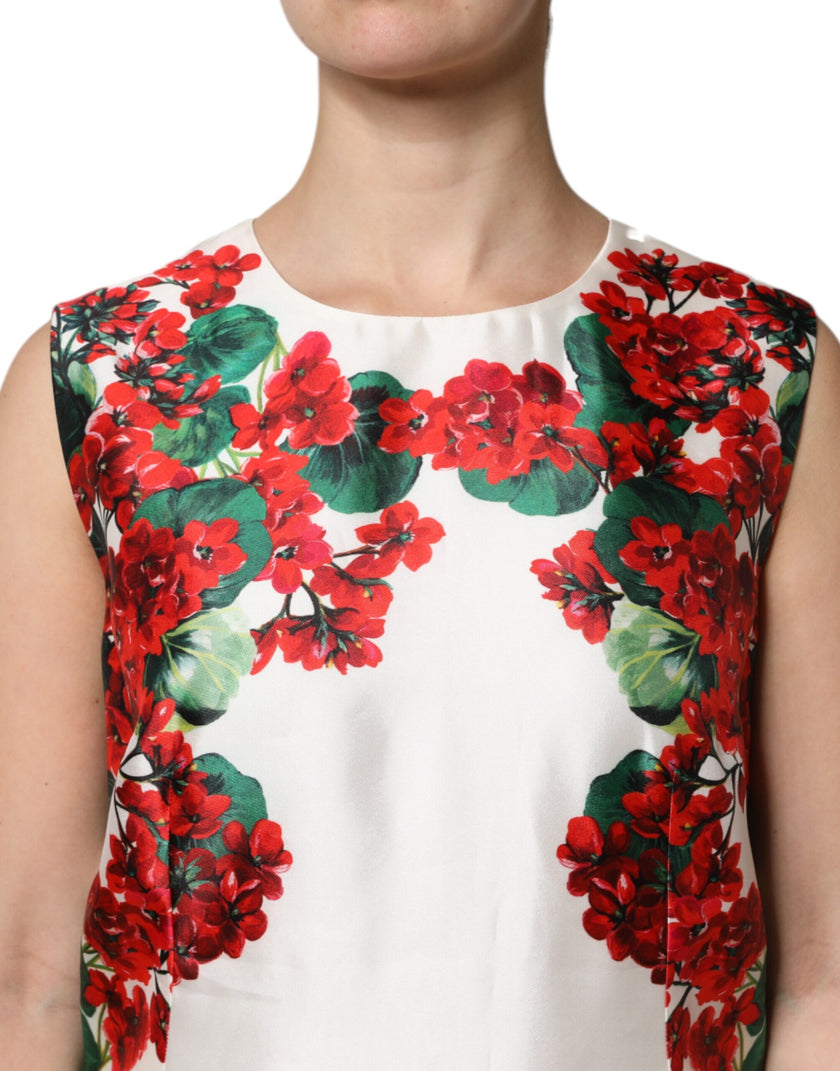 Dolce & Gabbana White Floral Printed Silk Knee Length Dress