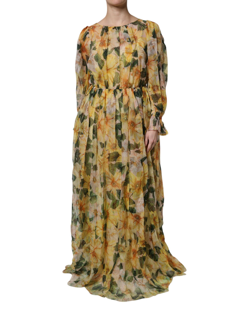 Dolce & Gabbana Yellow Floral Print Silk Maxi Long Gown Dress