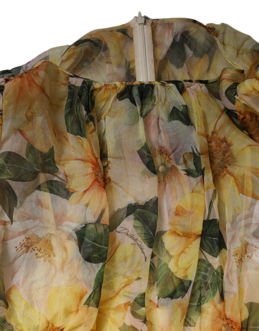 Dolce & Gabbana Yellow Floral Print Silk Maxi Long Gown Dress