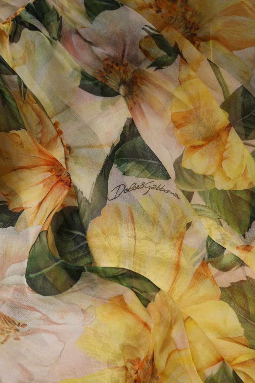 Dolce & Gabbana Yellow Floral Print Silk Maxi Long Gown Dress