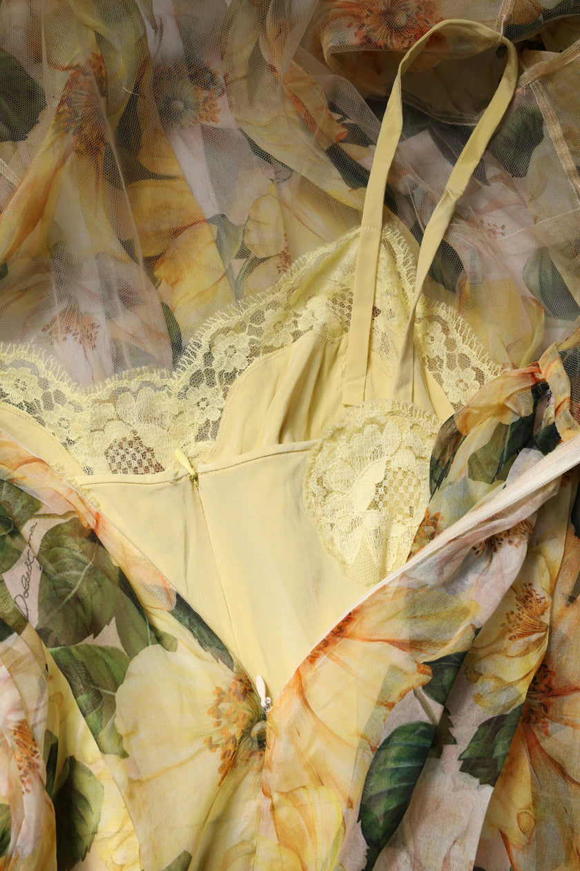 Dolce & Gabbana Yellow Floral Print Silk Maxi Long Gown Dress