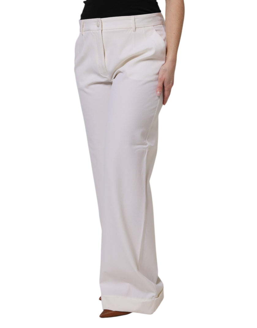 Dolce & Gabbana White Wool Mid Waist Wide Leg Pants