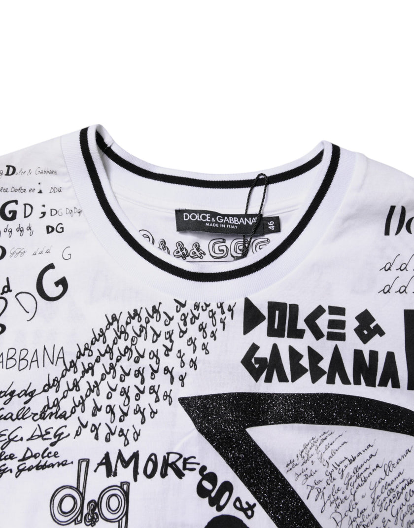 Dolce & Gabbana White Graffiti Print Cotton Crew Neck T-shirt