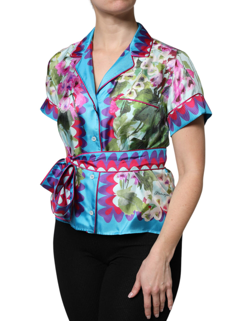 Dolce & Gabbana Multicolor Floral Collared Short Sleeve Top