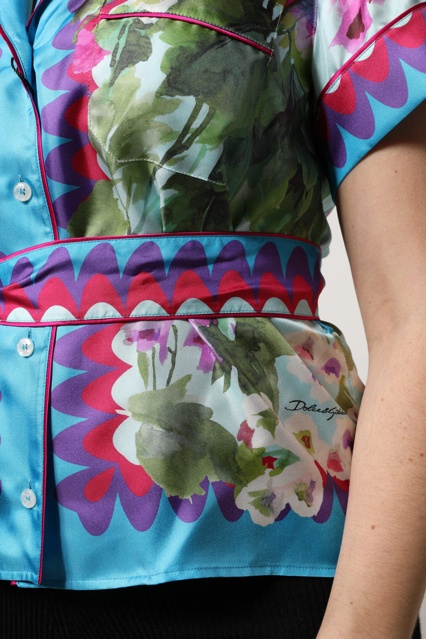 Dolce & Gabbana Multicolor Floral Collared Short Sleeve Top
