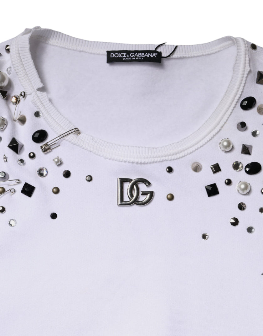 Dolce & Gabbana White Embellished Long Sleeve Cropped Sweater