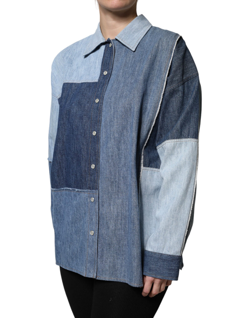 Dolce & Gabbana Blue Cotton Button Up Collared Long Sleeve Top