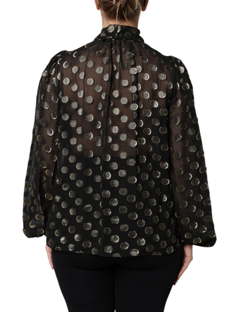 Dolce & Gabbana Black Sheer Tied Neck Polka Dots Blouse Top