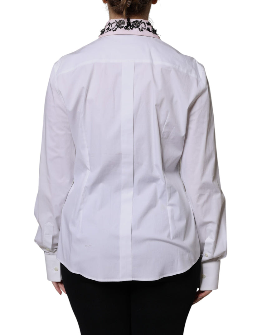 Dolce & Gabbana White Embellished Collared Dress Shirt Top