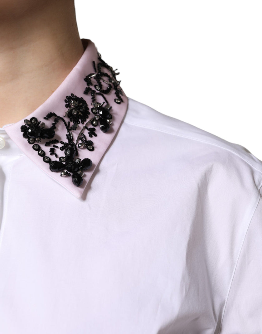 Dolce & Gabbana White Embellished Collared Dress Shirt Top
