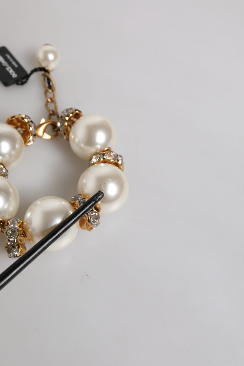 Dolce & Gabbana Gold Tone Brass Maxi Pearl Lobster Clasp Logo Bracelet
