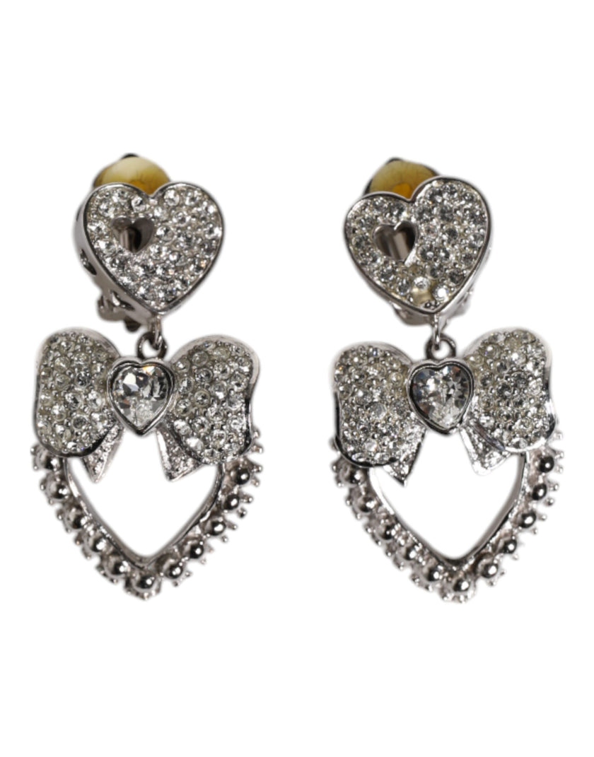 Dolce & Gabbana Silver Heart Bow Rhinestones Dangle Clip-On Earrings