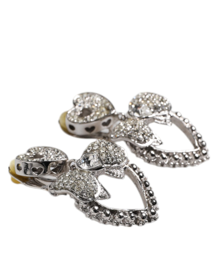 Dolce & Gabbana Silver Heart Bow Rhinestones Dangle Clip-On Earrings