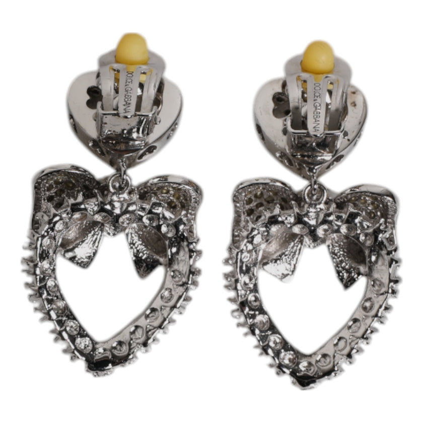 Dolce & Gabbana Silver Heart Bow Rhinestones Dangle Clip-On Earrings