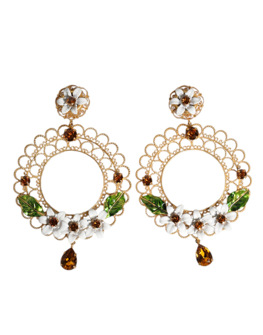 Dolce & Gabbana Gold Floral Filigree Hoop Enamel Amber Crystals Earrings