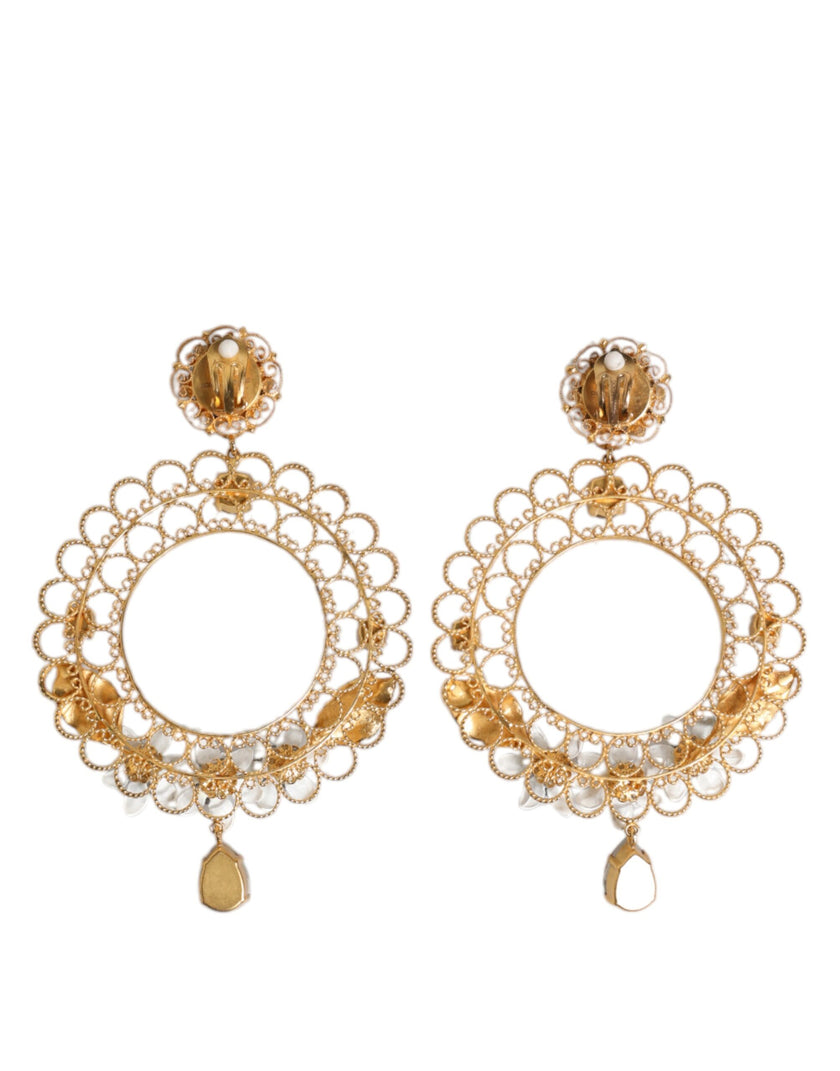 Dolce & Gabbana Gold Floral Filigree Hoop Enamel Amber Crystals Earrings