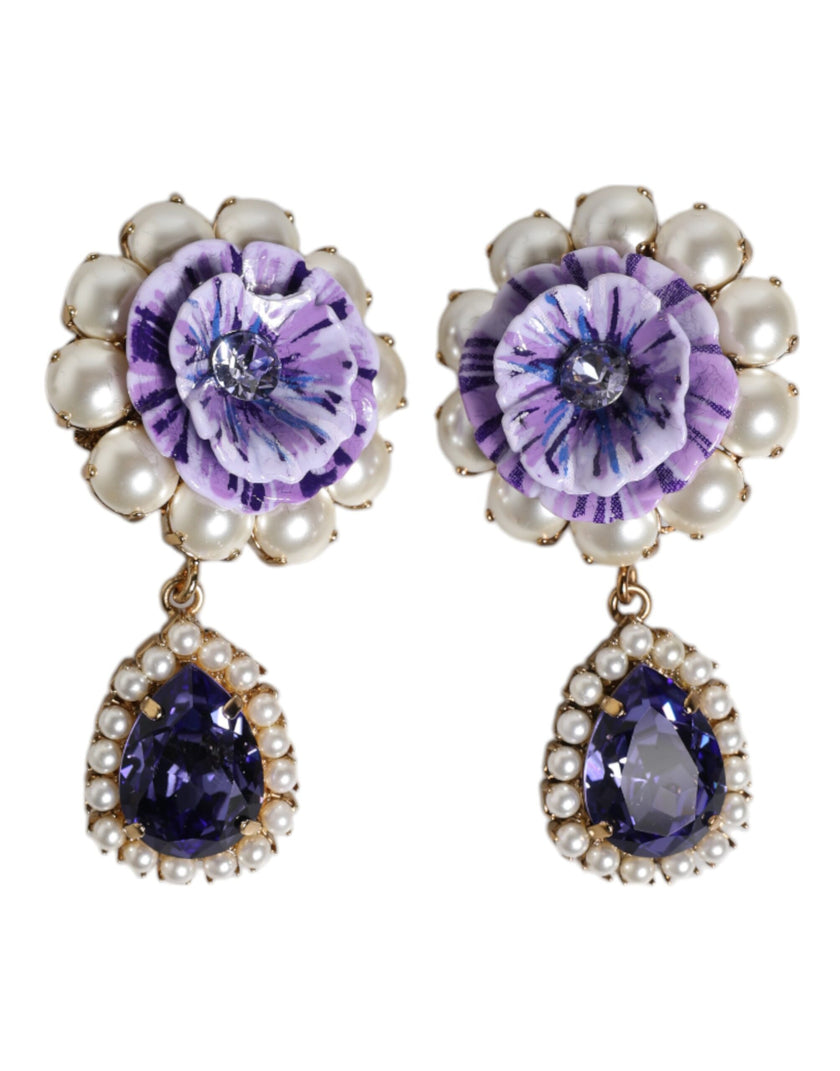 Dolce & Gabbana Purple Flower Pearl Teardrop Crystals Clip On Earrings