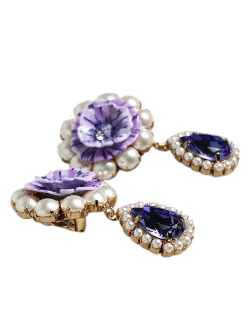 Dolce & Gabbana Purple Flower Pearl Teardrop Crystals Clip On Earrings