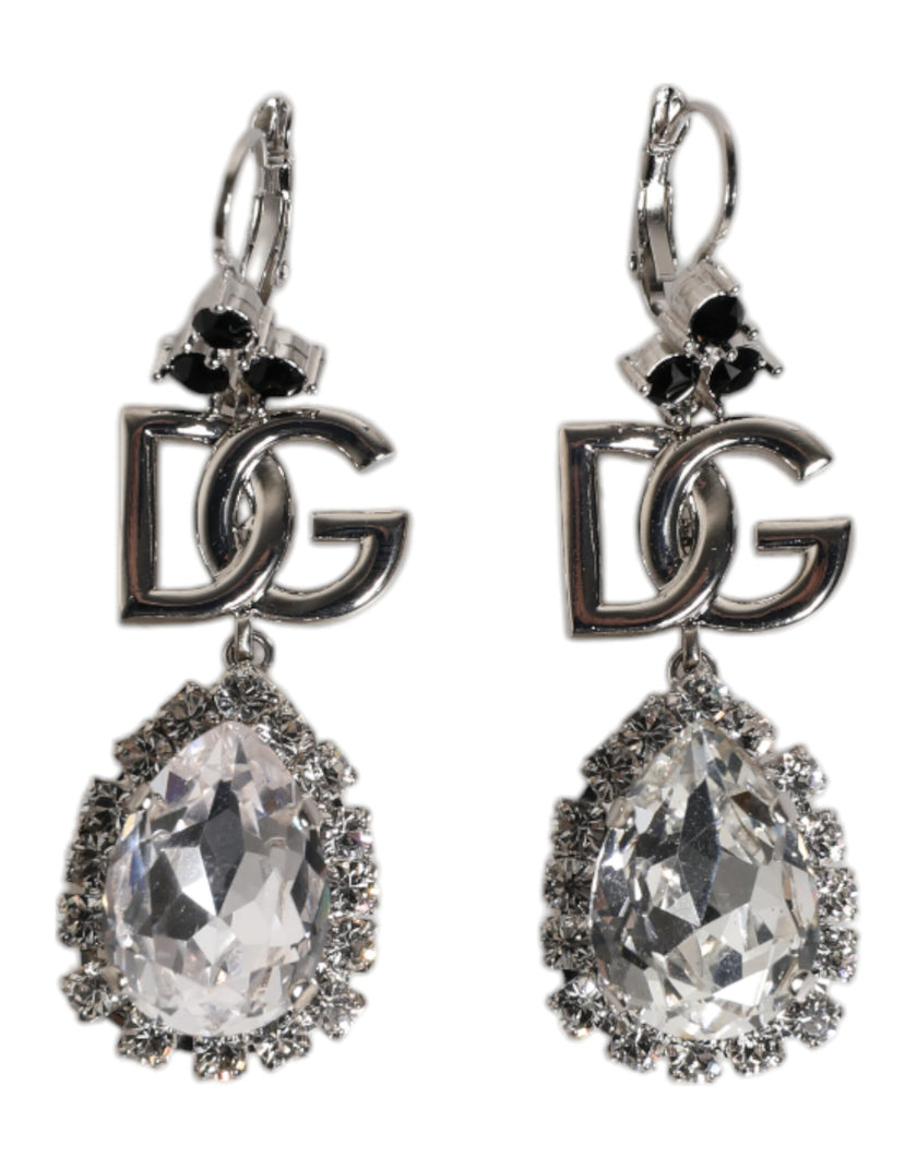 Dolce & Gabbana Silver Brass Crystal Teardrop DG Logo Clip On Earrings