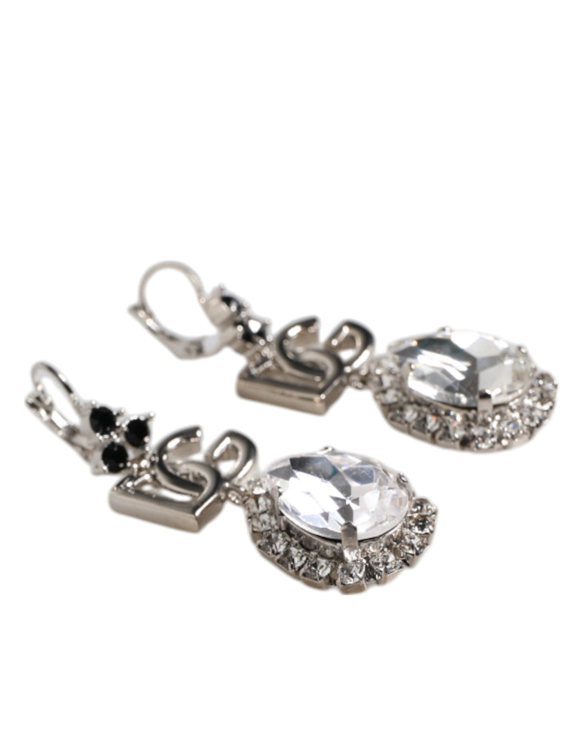 Dolce & Gabbana Silver Brass Crystal Teardrop DG Logo Clip On Earrings