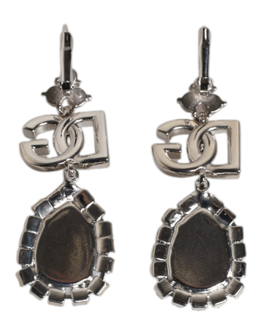Dolce & Gabbana Silver Brass Crystal Teardrop DG Logo Clip On Earrings