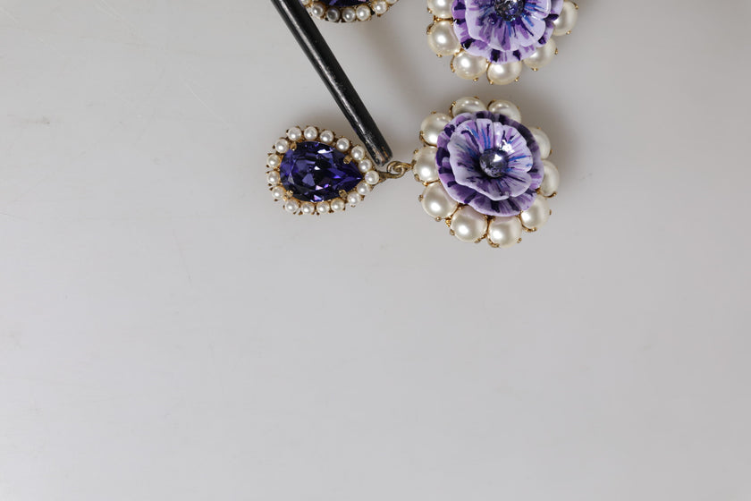 Dolce & Gabbana Purple Flower Pearl Teardrop Crystals Clip On Earrings