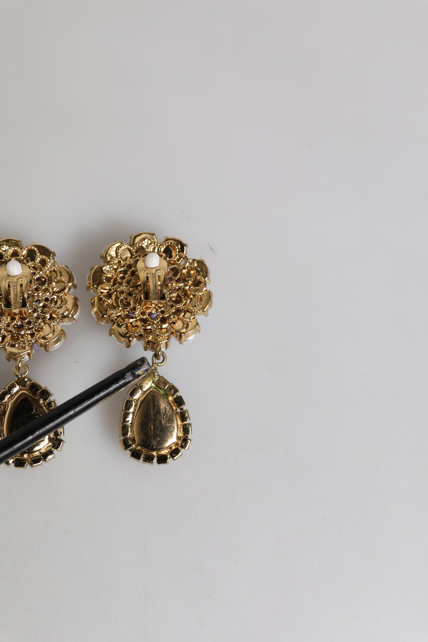 Dolce & Gabbana Purple Flower Pearl Teardrop Crystals Clip On Earrings