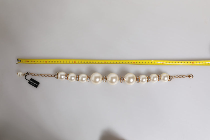 Dolce & Gabbana White Maxi Faux Pearl Beads Crystals Gold Chain Necklace