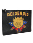 Dolce & Gabbana Black Leather Golden Pig Print Logo Plaque Men Pouch Bag