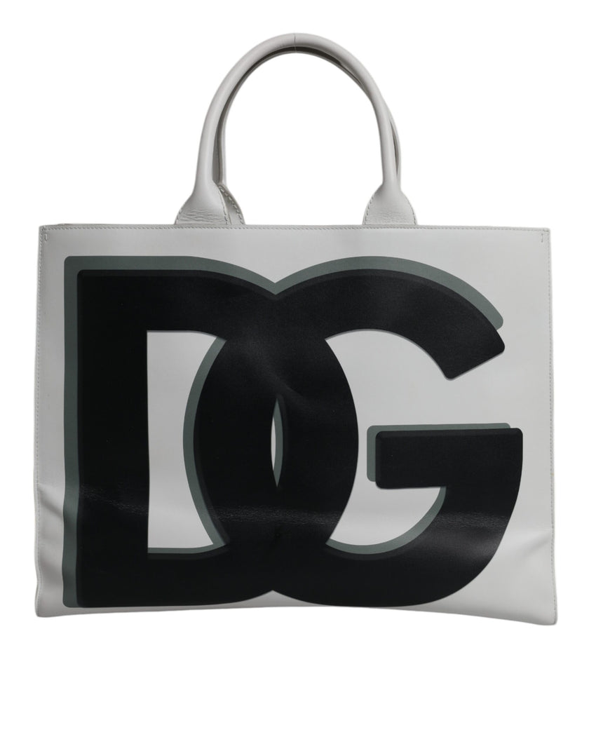 Dolce & Gabbana White Logo Print DG Daily Calfskin Shopping Tote Bag