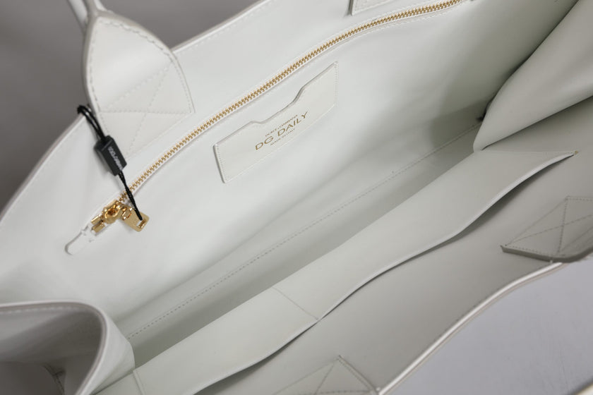 Dolce & Gabbana White Logo Print DG Daily Calfskin Shopping Tote Bag