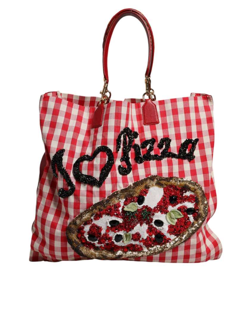 Dolce & Gabbana Red Checkered Embellished Shopping Tote Cotton Bag