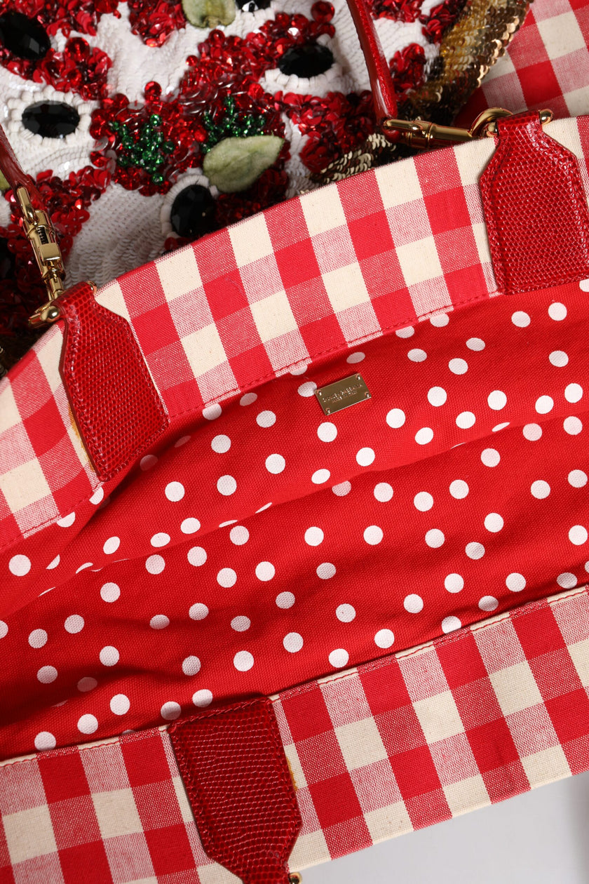 Dolce & Gabbana Red Checkered Embellished Shopping Tote Cotton Bag