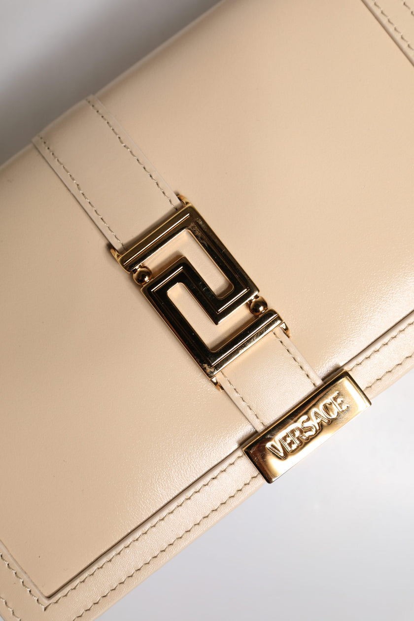 Versace Beige Gold Chain Calf Leather Wallet Crossbody Bag