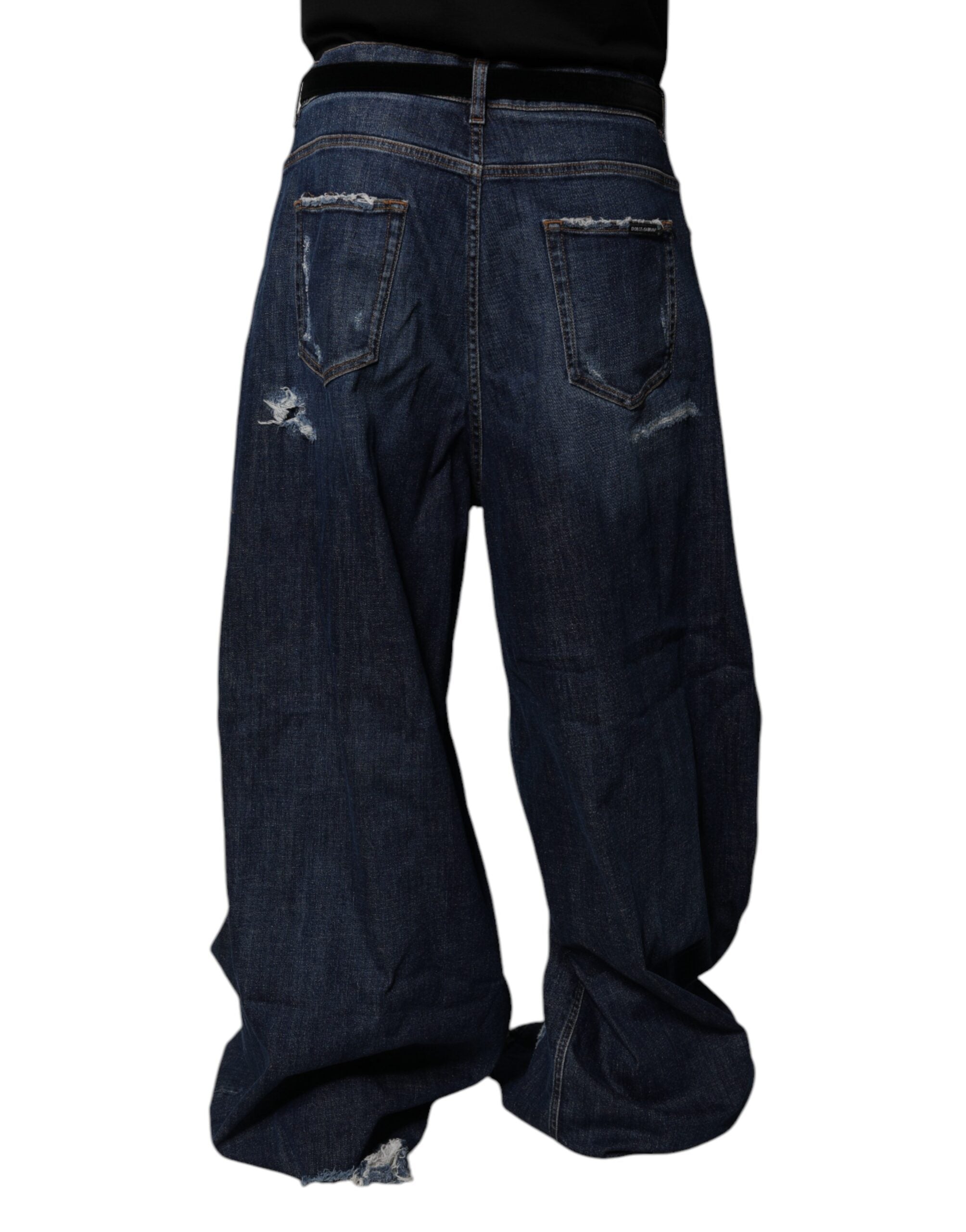 Dolce & Gabbana Dark Blue Tattered Wide Leg Men Denim Jeans