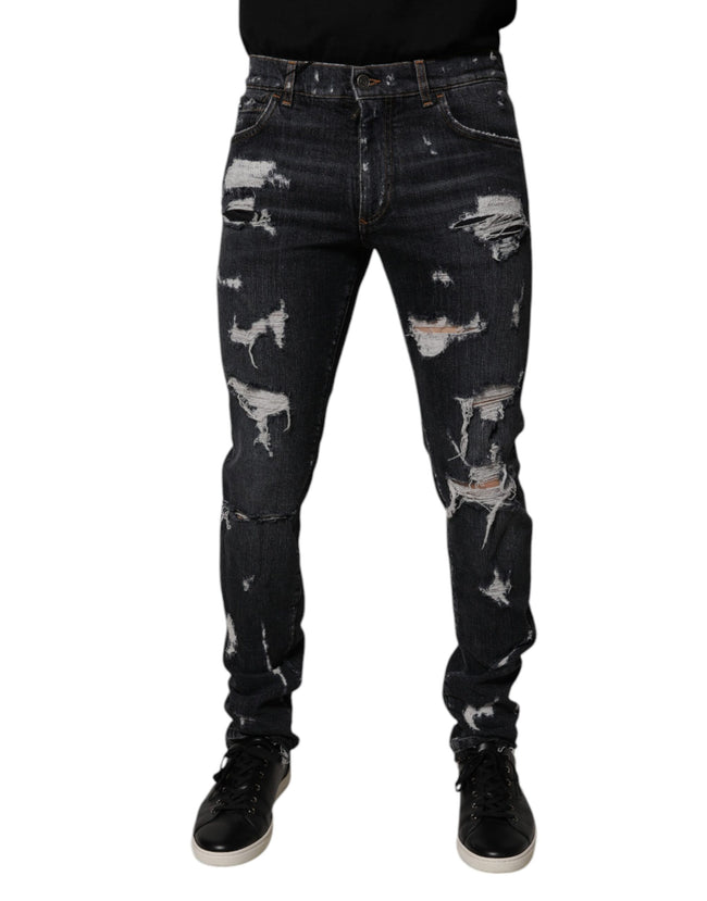 Dolce & Gabbana Black Tattered Cotton Skinny Men Denim Jeans