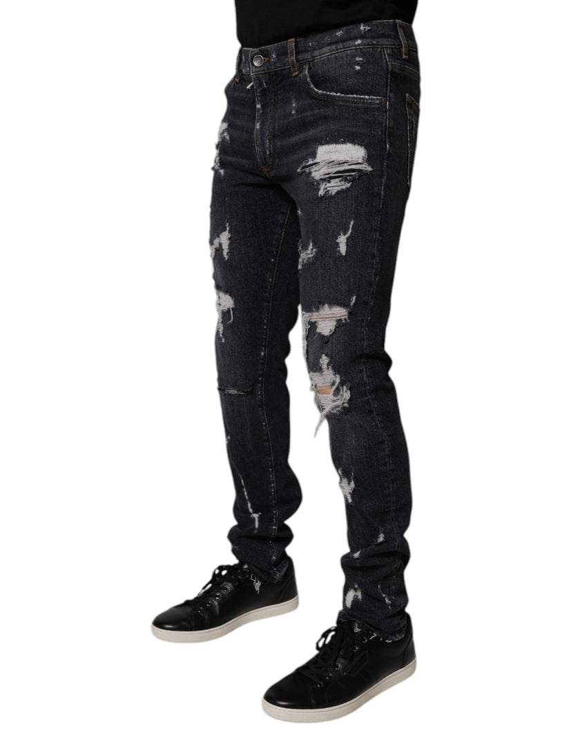 Dolce & Gabbana Black Tattered Cotton Skinny Men Denim Jeans