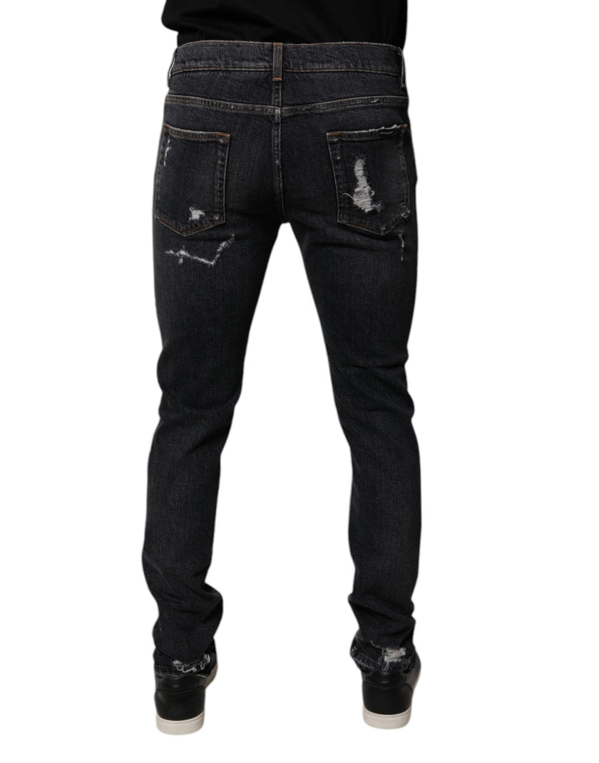 Dolce & Gabbana Black Tattered Cotton Skinny Men Denim Jeans