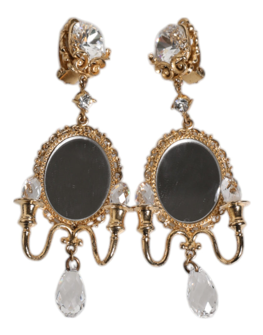Dolce & Gabbana Gold Brass Clear Crystal Mirror Element Clip Dangling Earrings