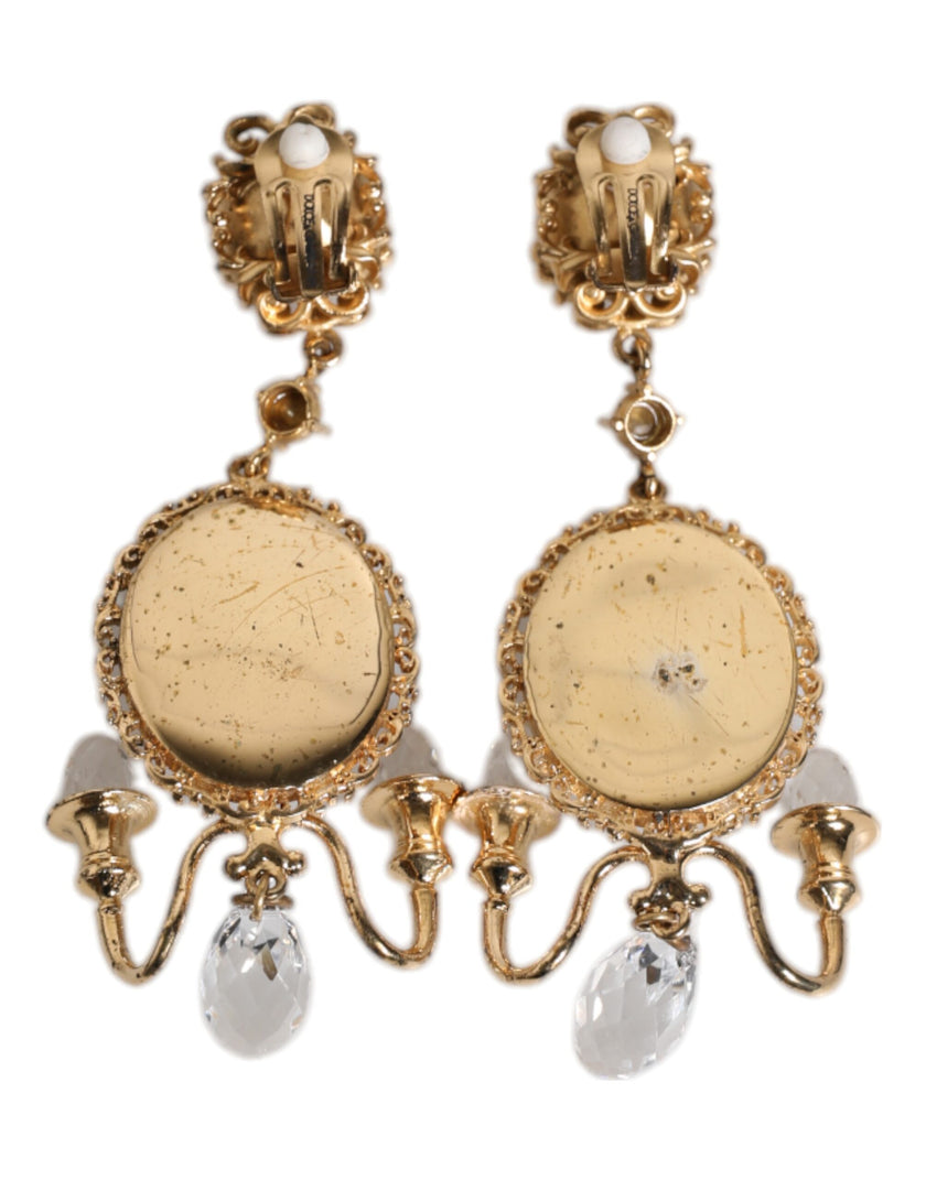 Dolce & Gabbana Gold Brass Clear Crystal Mirror Element Clip Dangling Earrings