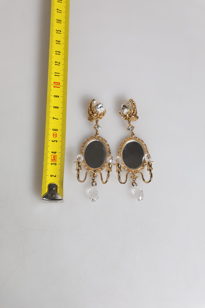 Dolce & Gabbana Gold Brass Clear Crystal Mirror Element Clip Dangling Earrings