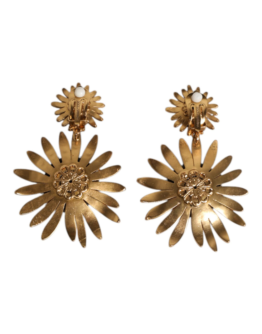 Dolce & Gabbana Gold Tone Brass Sunflower Crystal Clip Dangling Earrings