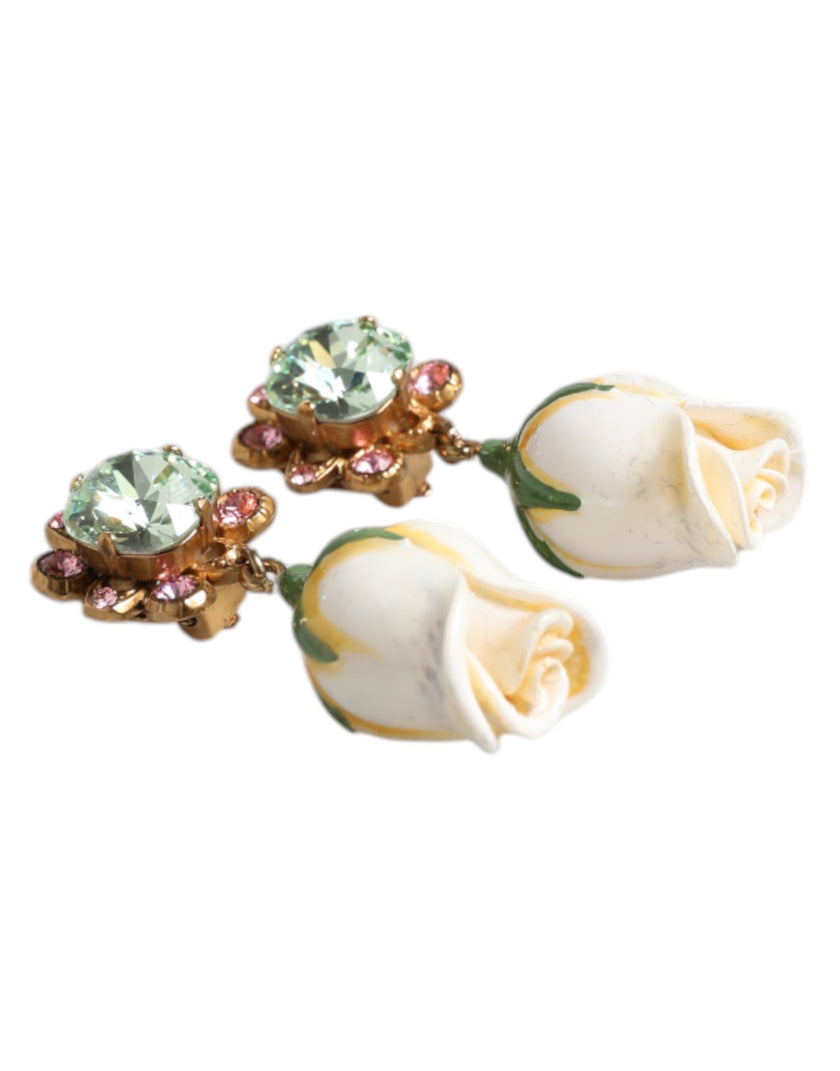 Dolce & Gabbana Brass White Flower Bloom Crystal Clip Dangling Earrings